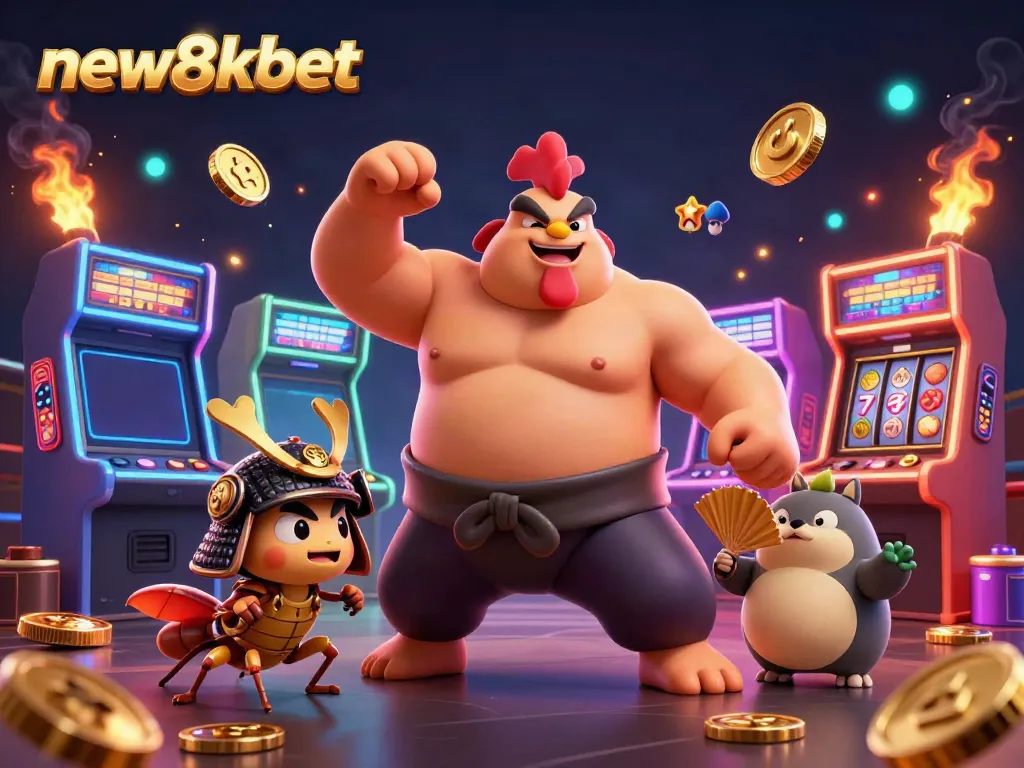 Experience new8kbet's thrilling gaming with a powerful sumo rooster, samurai cricket, and golden elements.
