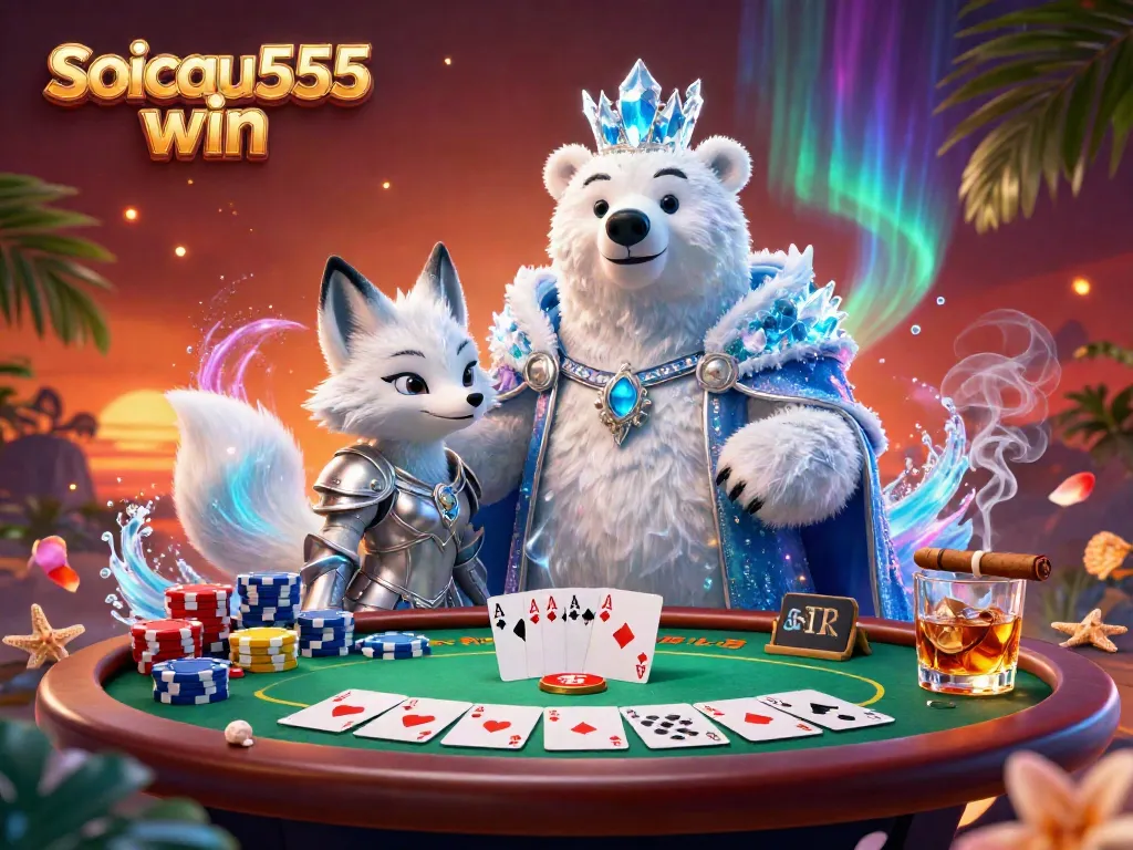 Engage with soicau555 win through a vibrant 3D casino scene featuring a cartoon ice king and snow fox amidst poker elements, showcasing excitement and strategy.