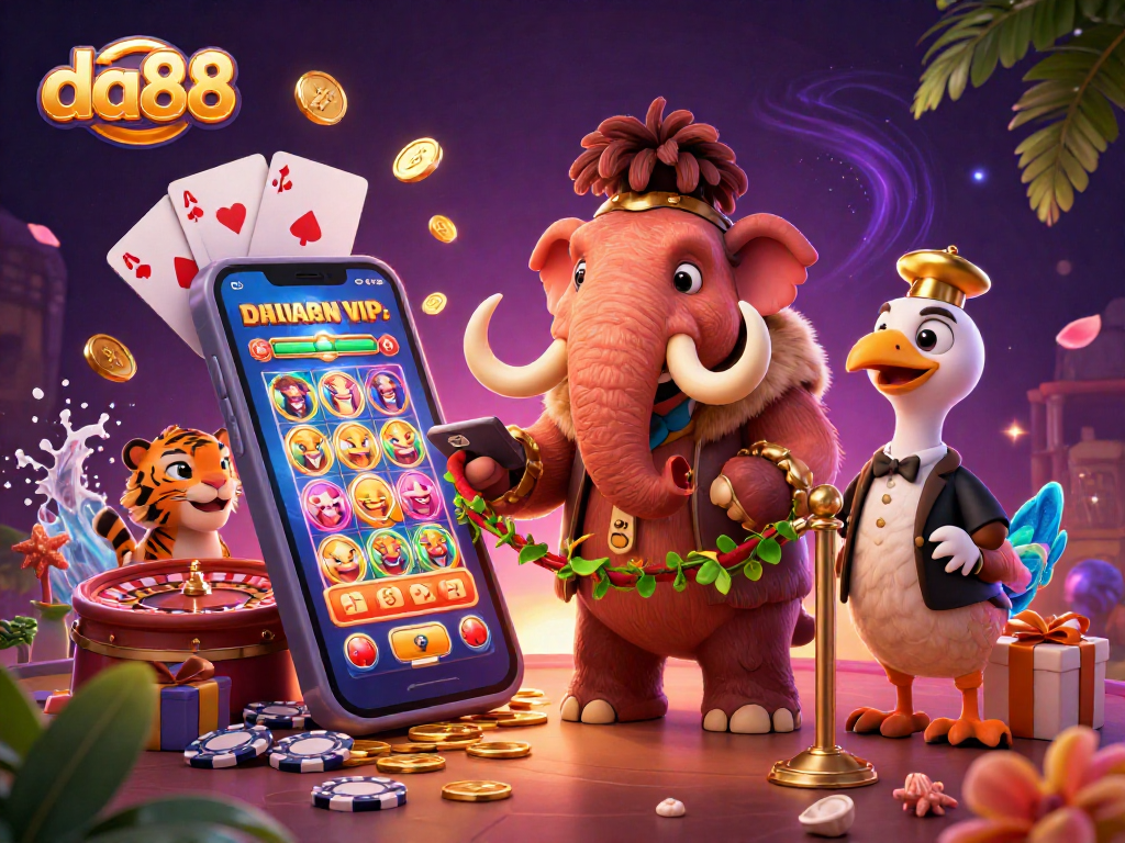 Experience da88's vibrant casino world with a woolly mammoth bouncer, a saber-tooth VIP, and dynamic gaming elements.