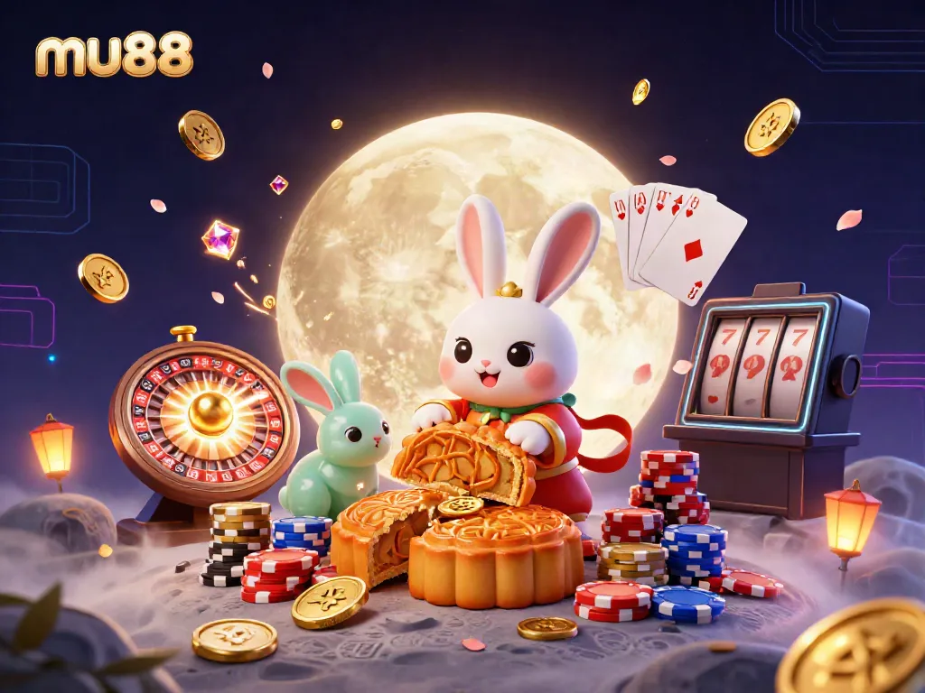 Experience the magic of mu88 casino with a moon rabbit and gems amidst a vibrant gambling scene.