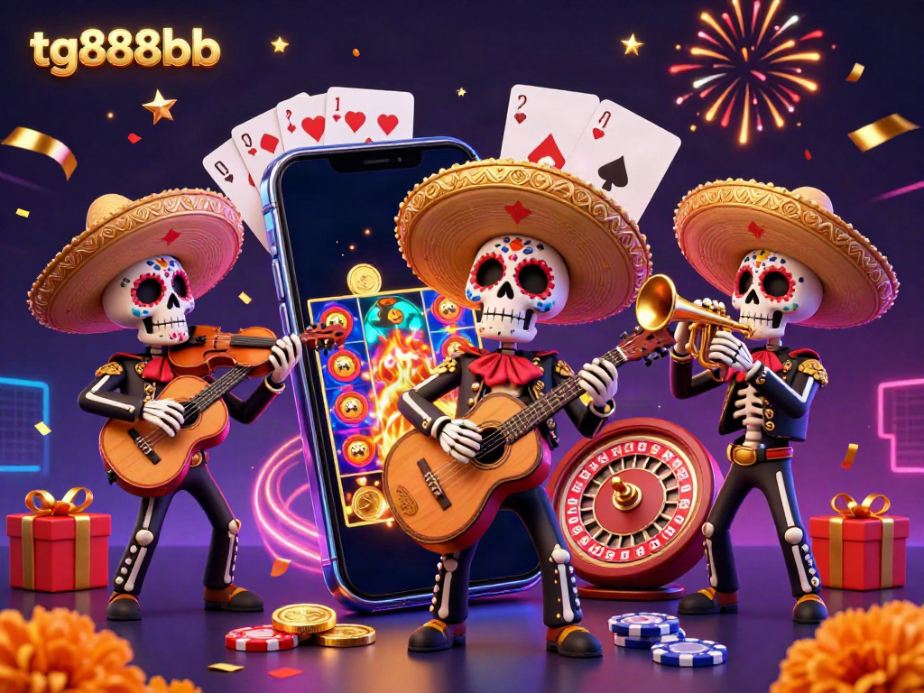 Engage with tg888bb in a vibrant slot game scene featuring Day of the Dead skeleton musicians.