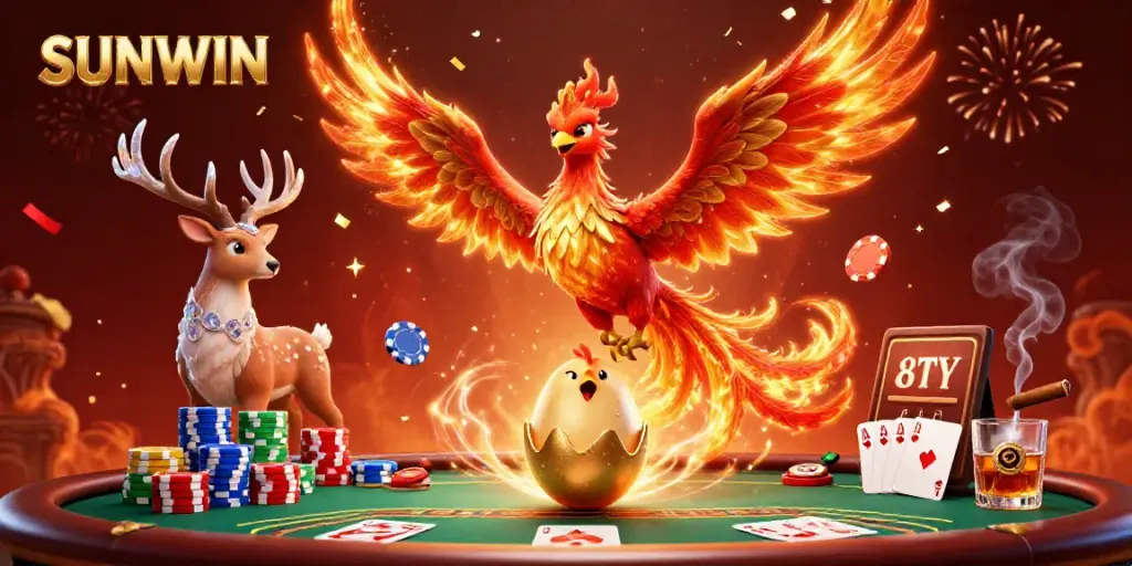 SUNWIN celebrates casino gaming with a phoenix, poker chips, and festive confetti.