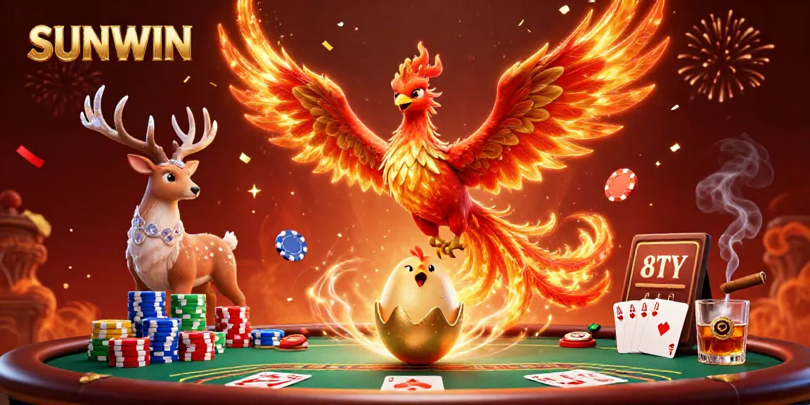 SUNWIN celebrates casino gaming with a phoenix, poker chips, and festive confetti.