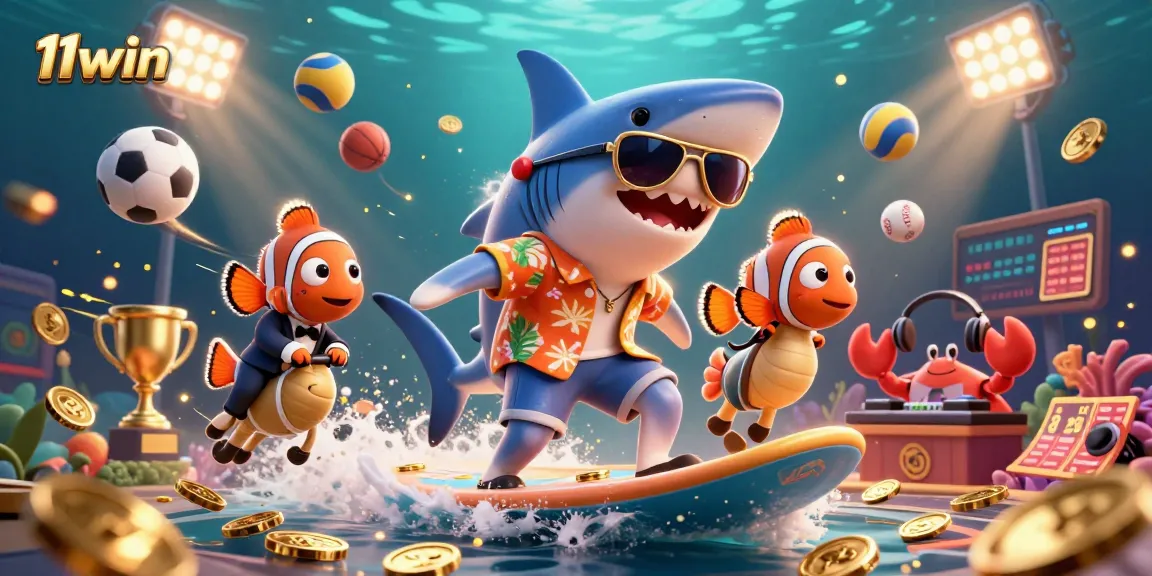 Experience thrilling gameplay at 11win with a vibrant 3D casino scene filled with gold coins and sports elements.