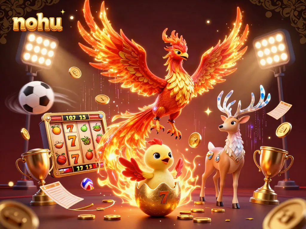 Experience thrilling jackpots with nohu, featuring a vibrant 3D fire phoenix and dynamic casino elements.