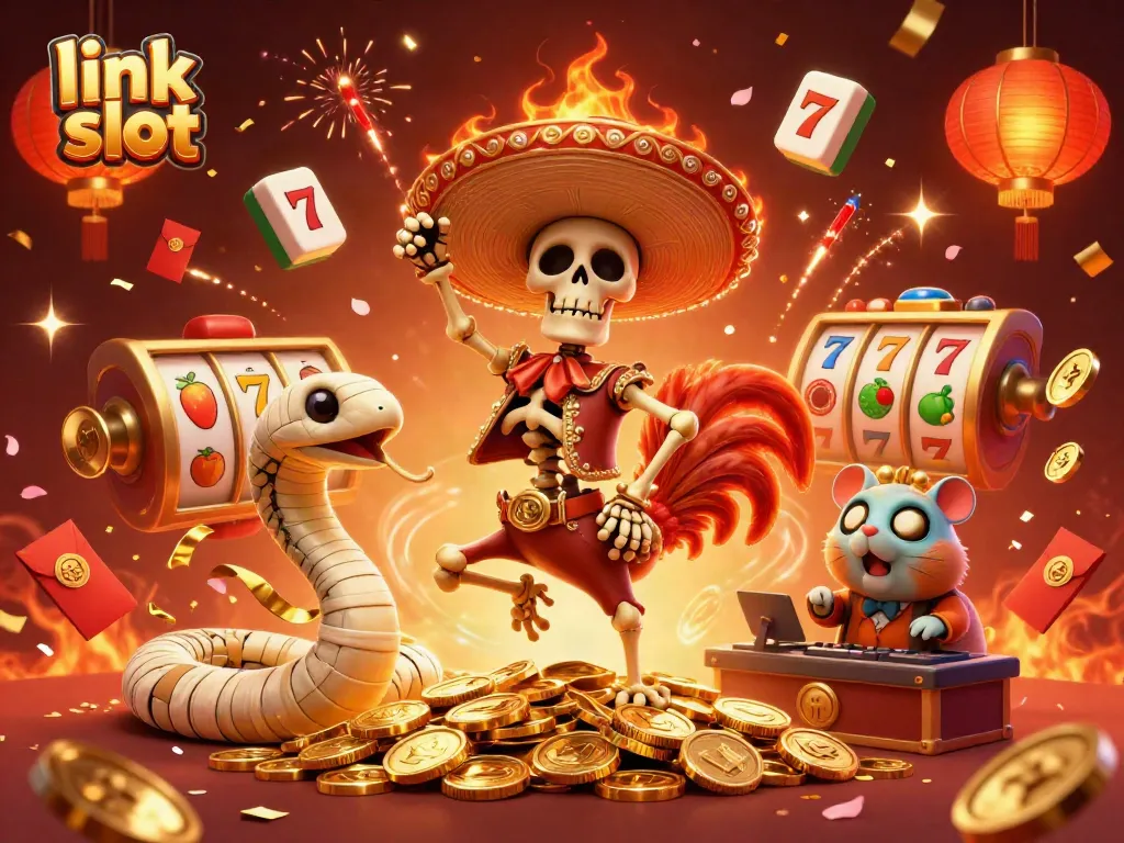 Spin to win with link slot in a vibrant and celebratory casino scene featuring playful characters.