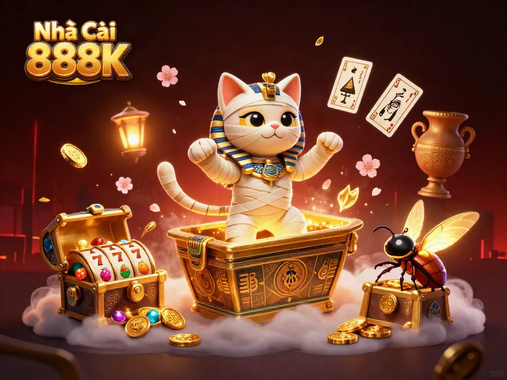 Experience thrilling gameplay at Nhà Cái 888K with the Egyptian mummy cat in a vibrant casino scene.