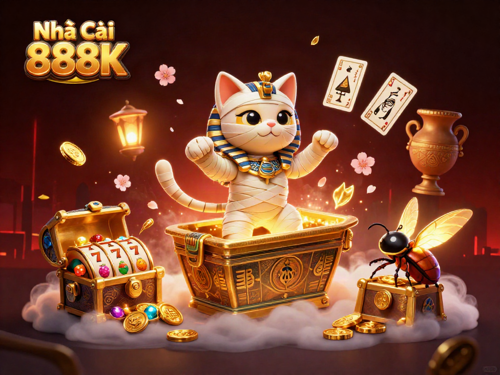 Experience thrilling gameplay at Nhà Cái 888K with the Egyptian mummy cat in a vibrant casino scene.