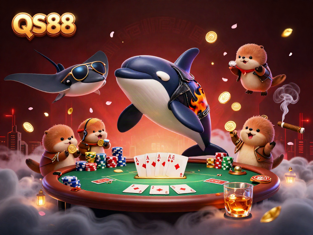 Play poker with QS88 as a whale and stingray join otters celebrating with coins.