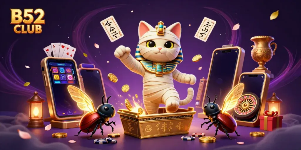 Experience vibrant gaming action at B52 CLUB with a lively 3D scene of a mummy cat and casino elements.