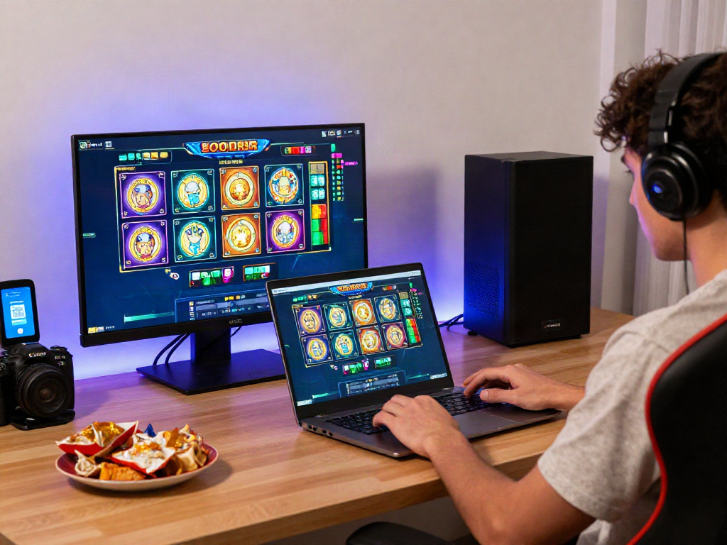 Player enjoying slot88 gaming experience with colorful graphics in cozy home.