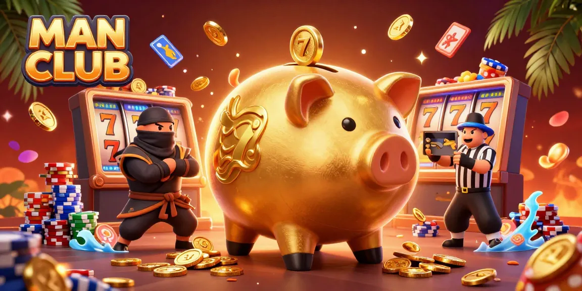 Engaging MAN CLUB scene featuring a golden piggy bank wrestler and a wallet ninja amidst vibrant slot gaming elements.
