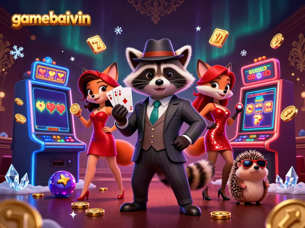 Experience the excitement of gamebaivin with a suave raccoon, elegant fox, and hedgehog bouncer in a high-energy casino scene.
