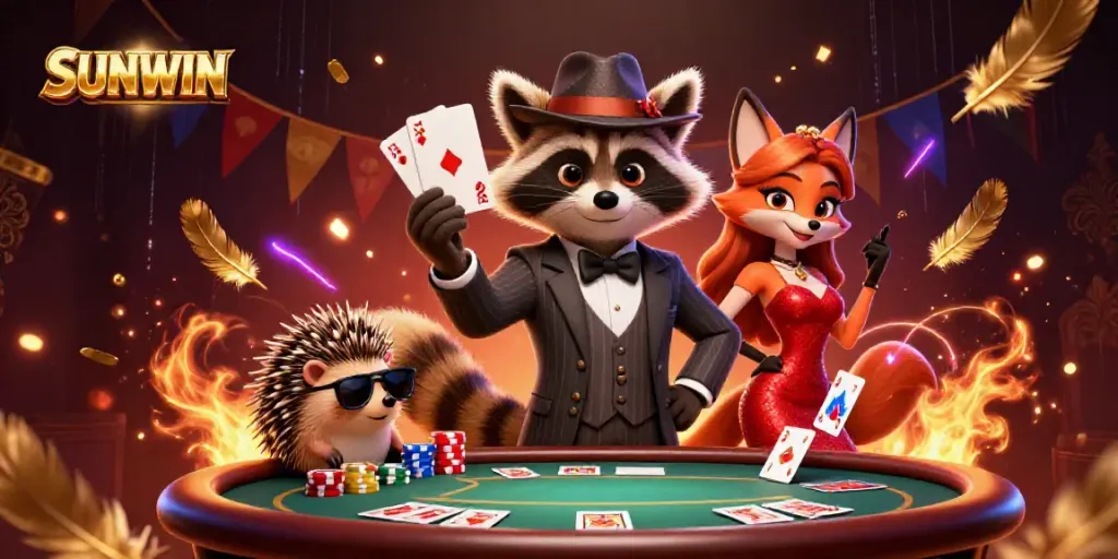 Engaging poker scene with SUNWIN characters like a raccoon, fox, and hedgehog amid vibrant casino elements.