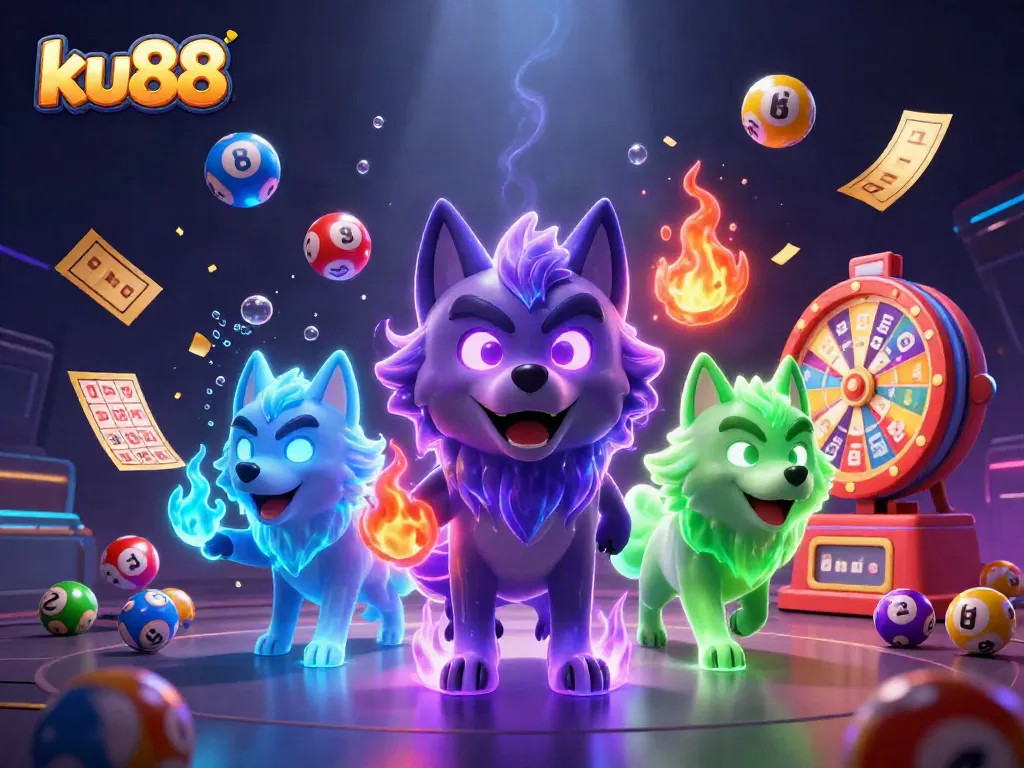 Engage in ku88’s vibrant gaming world with lottery balls and golden tickets in a spectral scene.