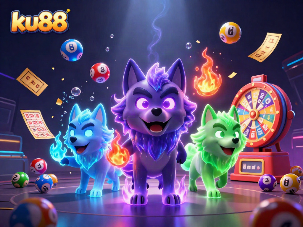 Engage in ku88’s vibrant gaming world with lottery balls and golden tickets in a spectral scene.