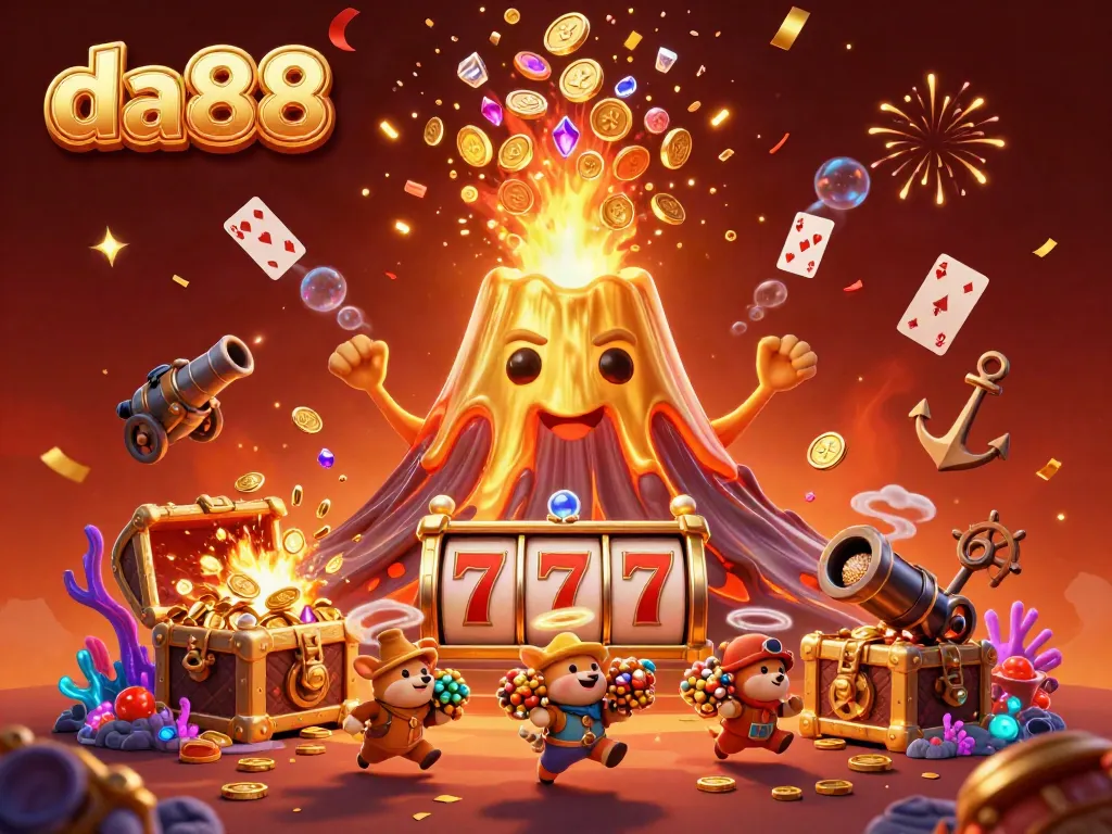 Experience da88's thrilling casino adventure featuring a golden volcano, bursting treasures, and vibrant game elements.