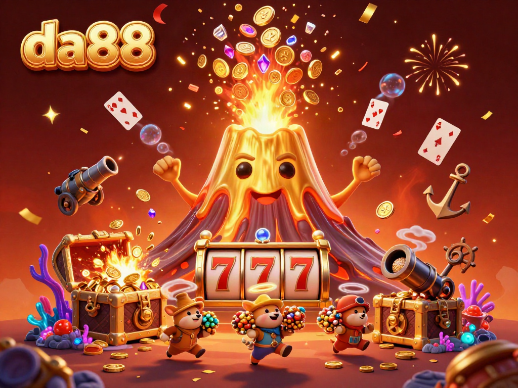 Experience da88's thrilling casino adventure featuring a golden volcano, bursting treasures, and vibrant game elements.