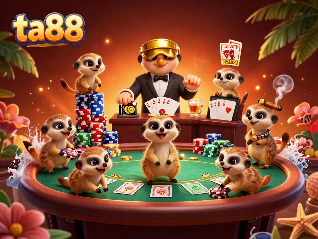 Join ta88's playful meerkats in an animated casino poker showdown, showcasing colorful chips and community cards.
