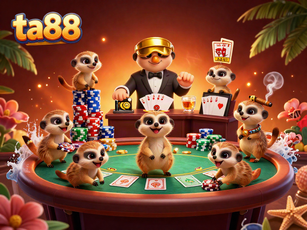 Join ta88's playful meerkats in an animated casino poker showdown, showcasing colorful chips and community cards.