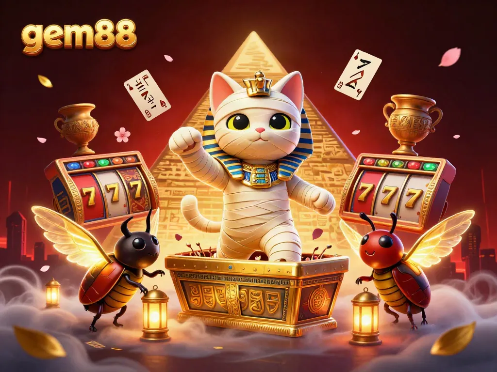 Experience the excitement of gem88 with a dynamic 3D scene featuring a mummy cat and vibrant casino elements.