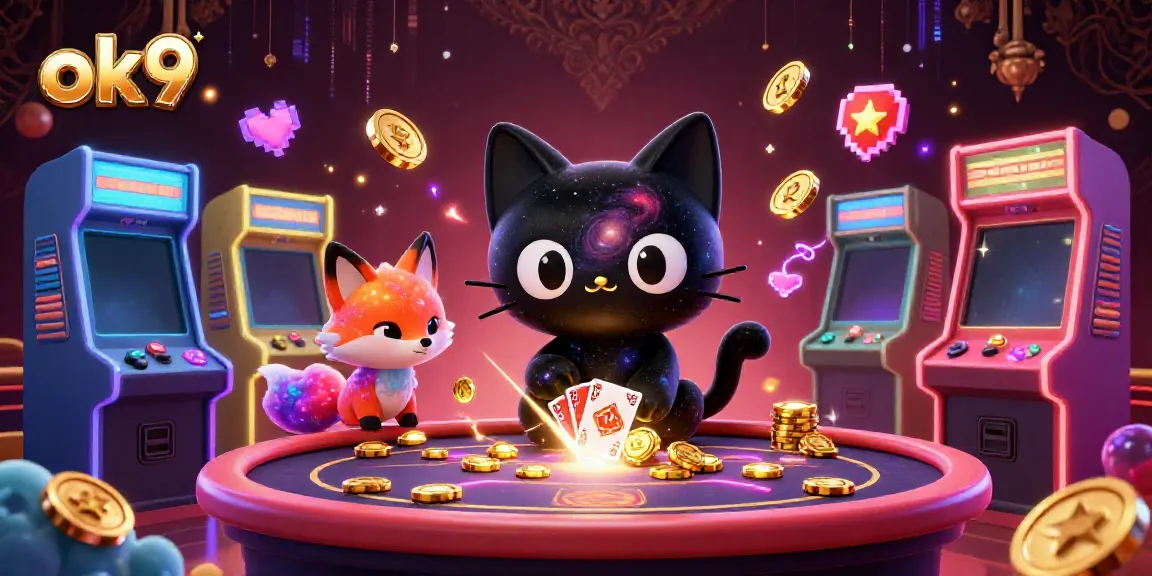 Experience vibrant cosmic gaming with ok9's black hole cat and nebula fox companions amidst casino chaos.