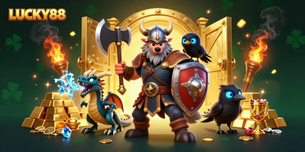 LUCKY88 showcases a Viking wolf warrior and dragon amid treasure, embodying thrilling casino adventures.