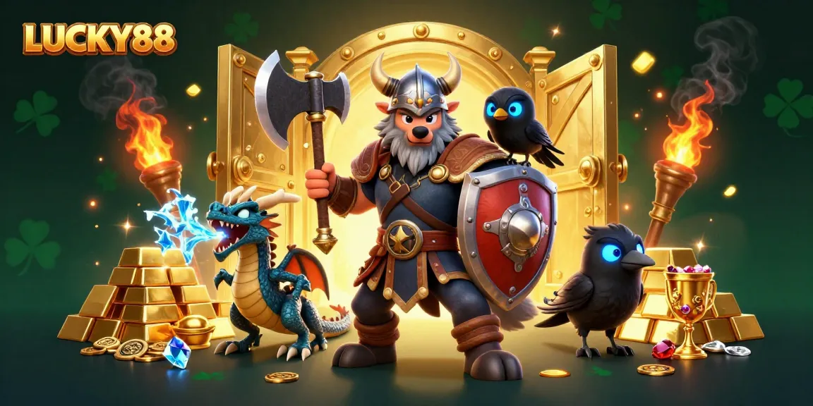 LUCKY88 showcases a Viking wolf warrior and dragon amid treasure, embodying thrilling casino adventures.