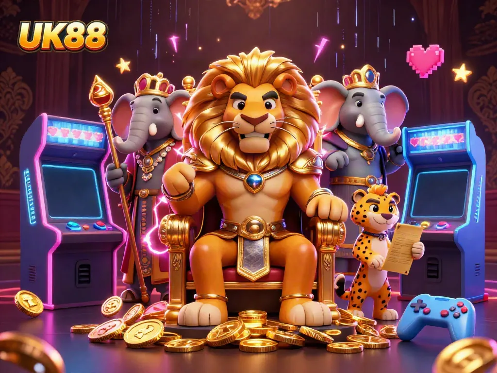 Engage with UK88's colorful casino experience featuring a lion king, elephant advisor, and cheetah messenger.