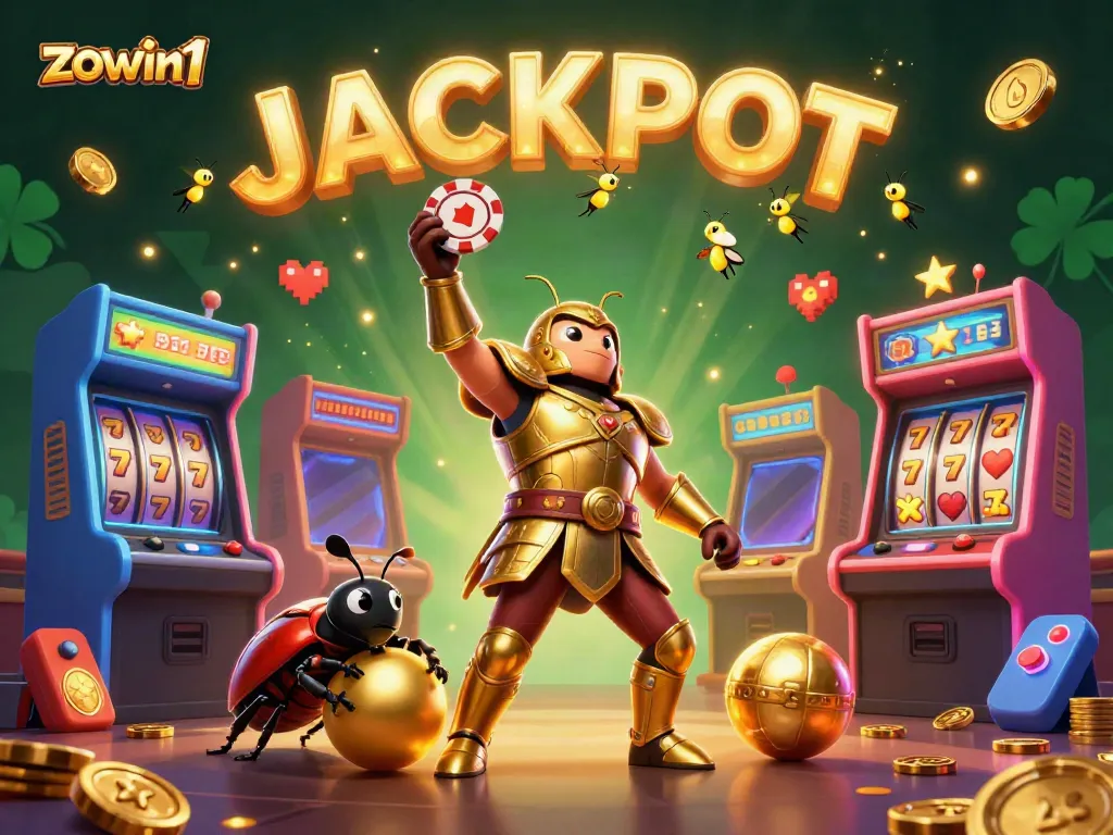 Zowin1 showcases a winning scene with a hercules beetle lifting a poker chip, symbolizing victory in gambling.