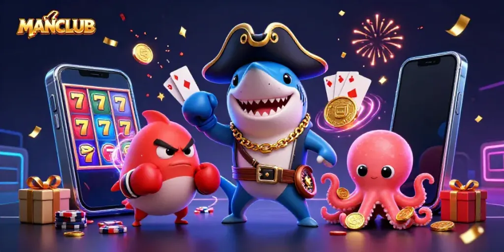 Engage in thrilling slots at MANCLUB with animated characters and exciting casino elements.