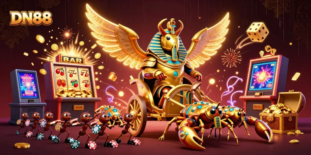 Experience the thrill of DN88 with a vibrant 3D casino scene showcasing rich gaming elements and excitement.