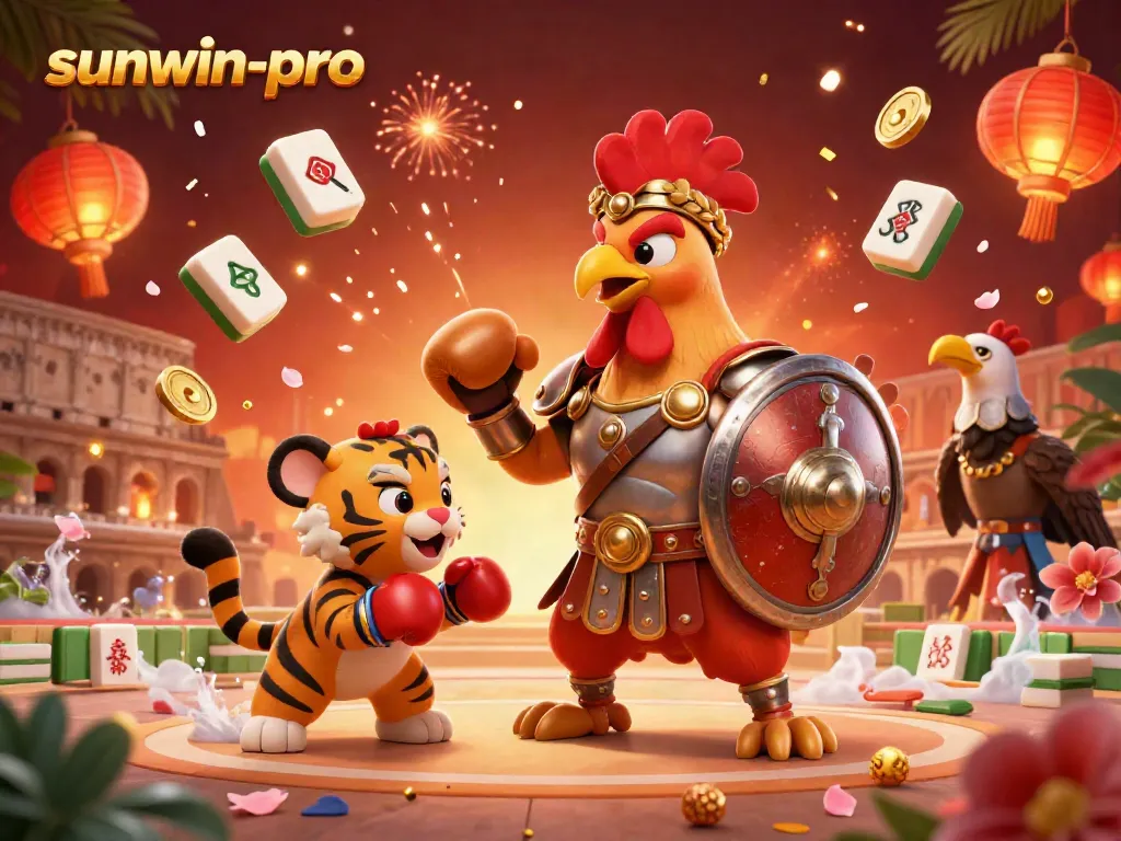 Experience thrilling gameplay at sunwin-pro with a vibrant illustration showcasing a gladiator rooster and dynamic game elements.