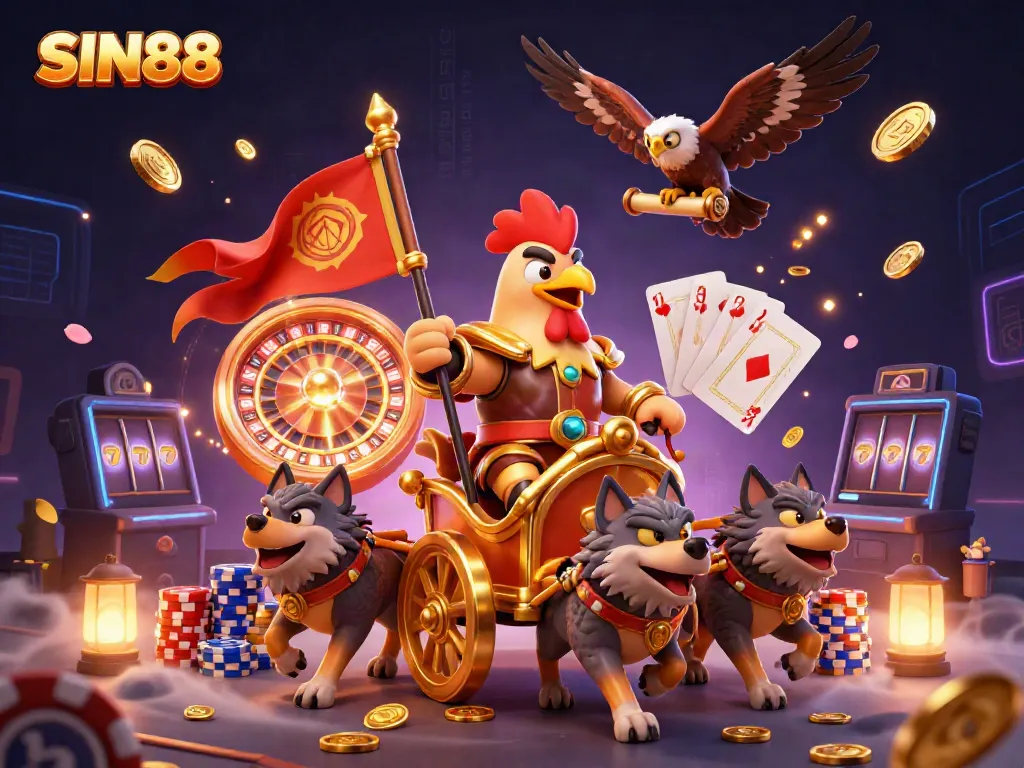 Experience thrilling action with SIN88 as the rooster warlord reigns over vibrant casino elements.