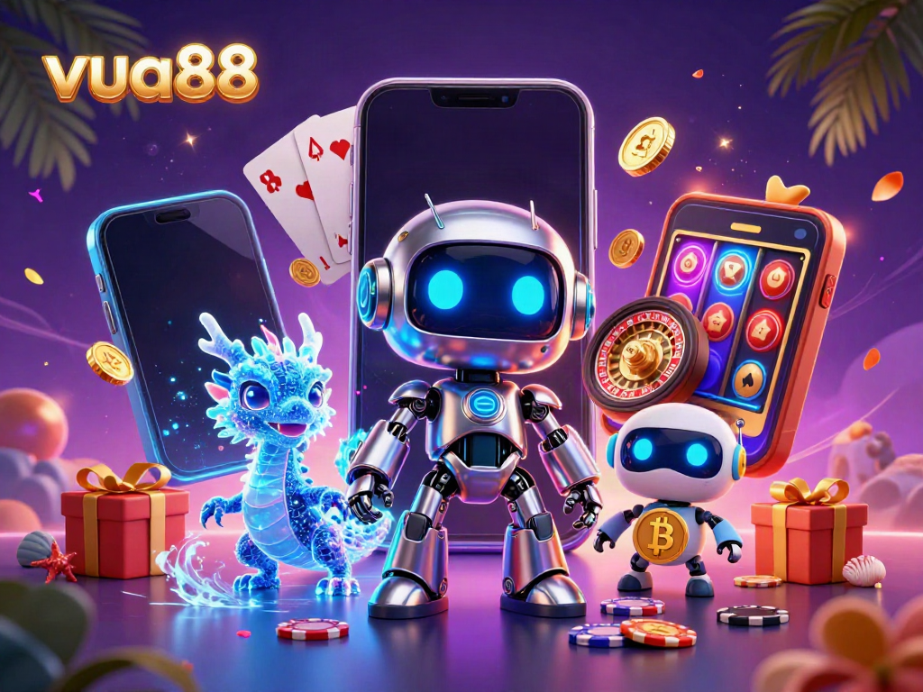 Experience thrilling gameplay at vua88 with vibrant 3D characters, slots, and casino elements in a dynamic scene.