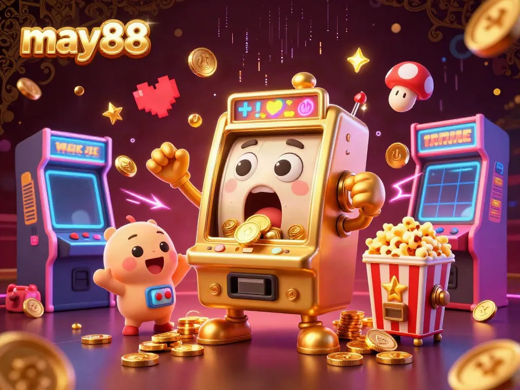 Engage with may88's exciting gaming action as a golden slot machine celebrates its jackpot amidst an energetic casino scene.