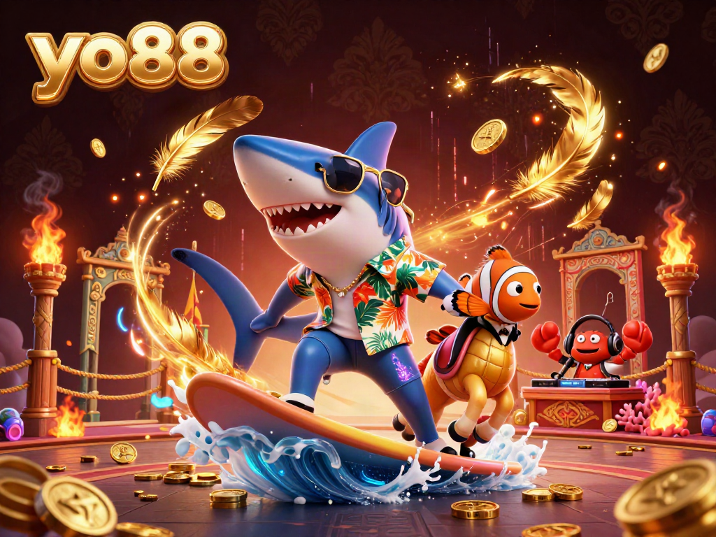 yo88 showcases thrilling casino excitement with a shark surfing gold coins amidst vibrant gaming elements.