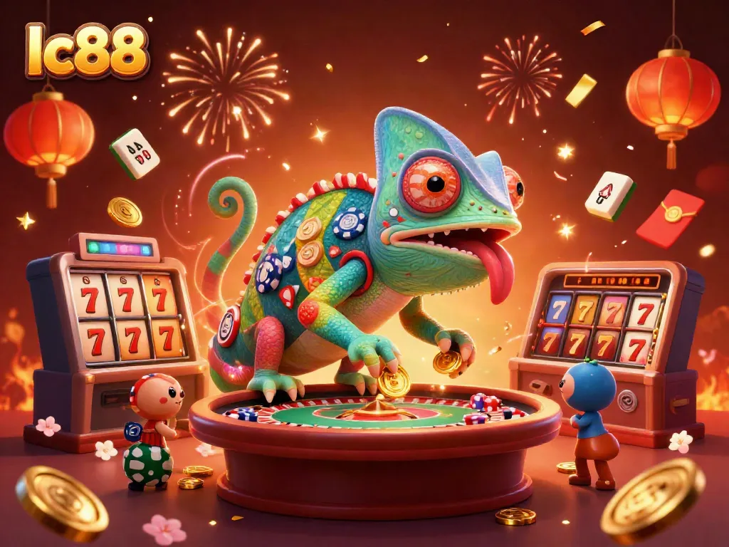 Experience vibrant gaming action at lc88 with animated chameleon casino owner, slot reels, and festive elements.