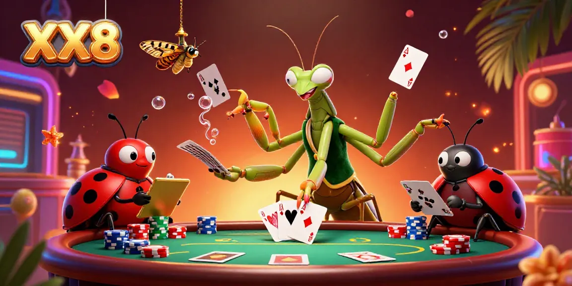 Experience the vibrant XX8 casino scene with a giant praying mantis dealer and a ladybug pit boss.
