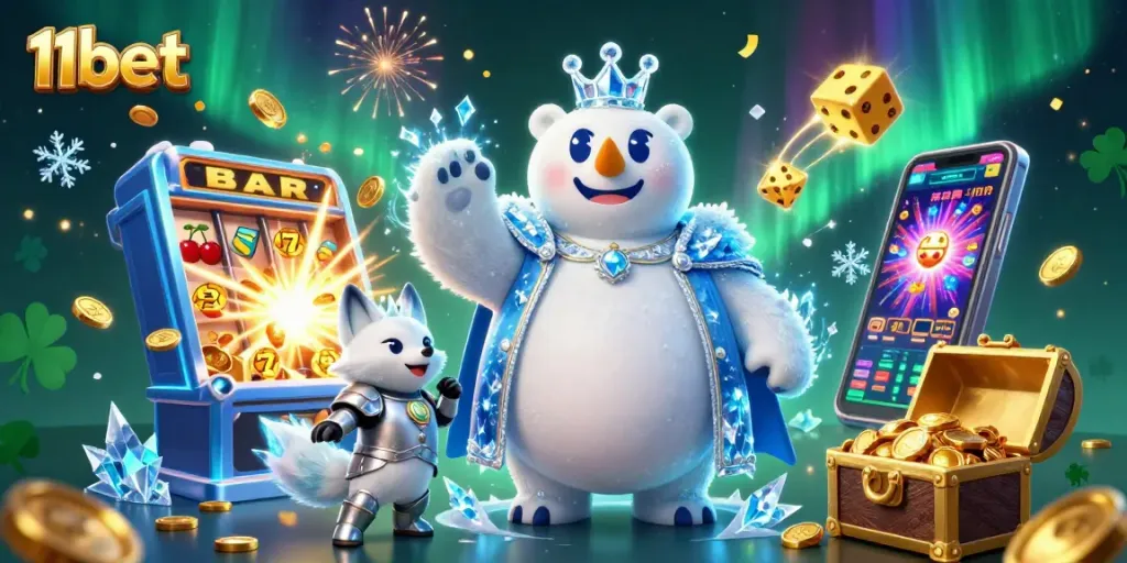 Engage with 11bet's vibrant 3D casino adventure featuring a polar bear king and snow fox surrounded by jackpot symbols.