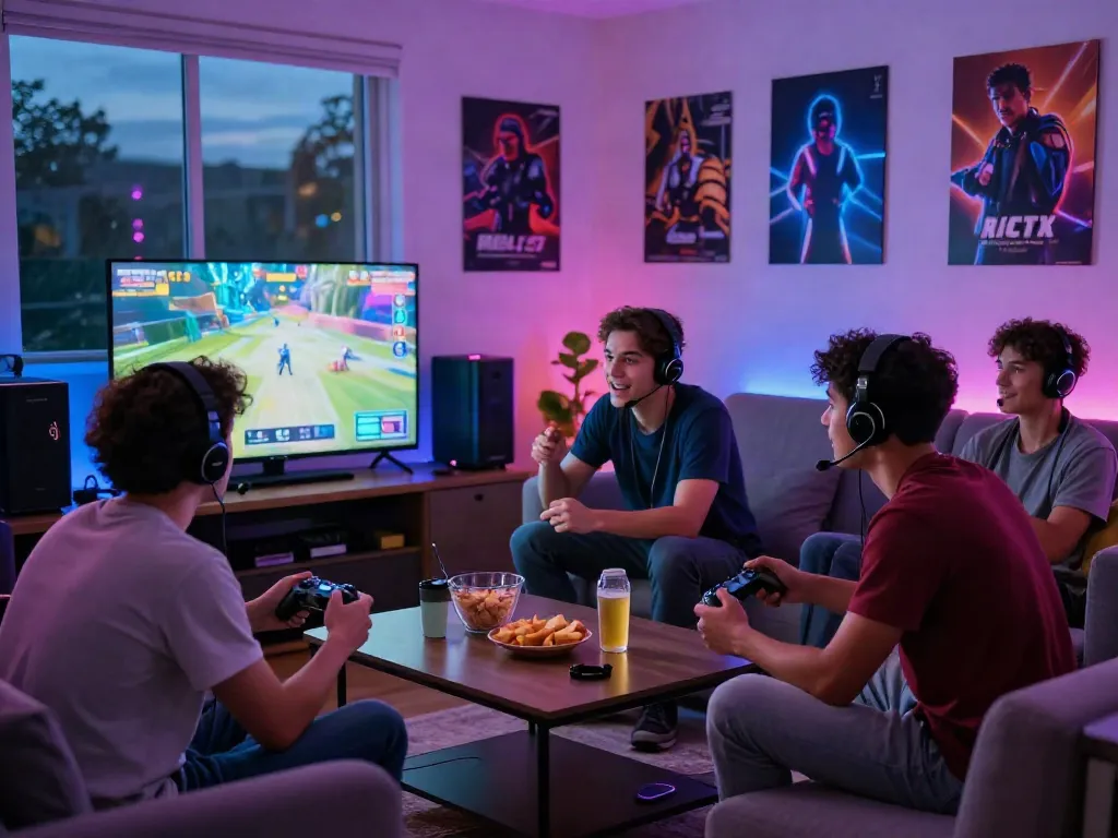Kilat404 gaming session with friends in a lively living room, showcasing fun and camaraderie.