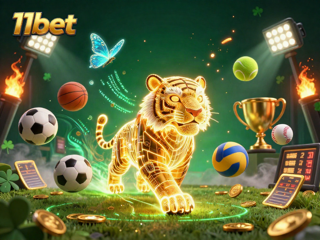 Experience thrilling gameplay with 11bet's vibrant casino scene featuring a golden tiger and dynamic sports elements.