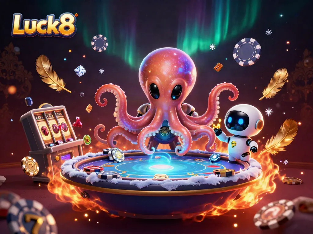 Luck8 showcases a vibrant 3D alien octopus seamlessly operating a holographic poker table filled with swirling chips.