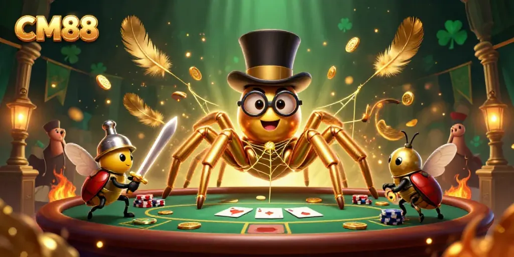 Catch thrilling CM88 gambling action with a golden tarantula and beetle knight amidst poker elements.