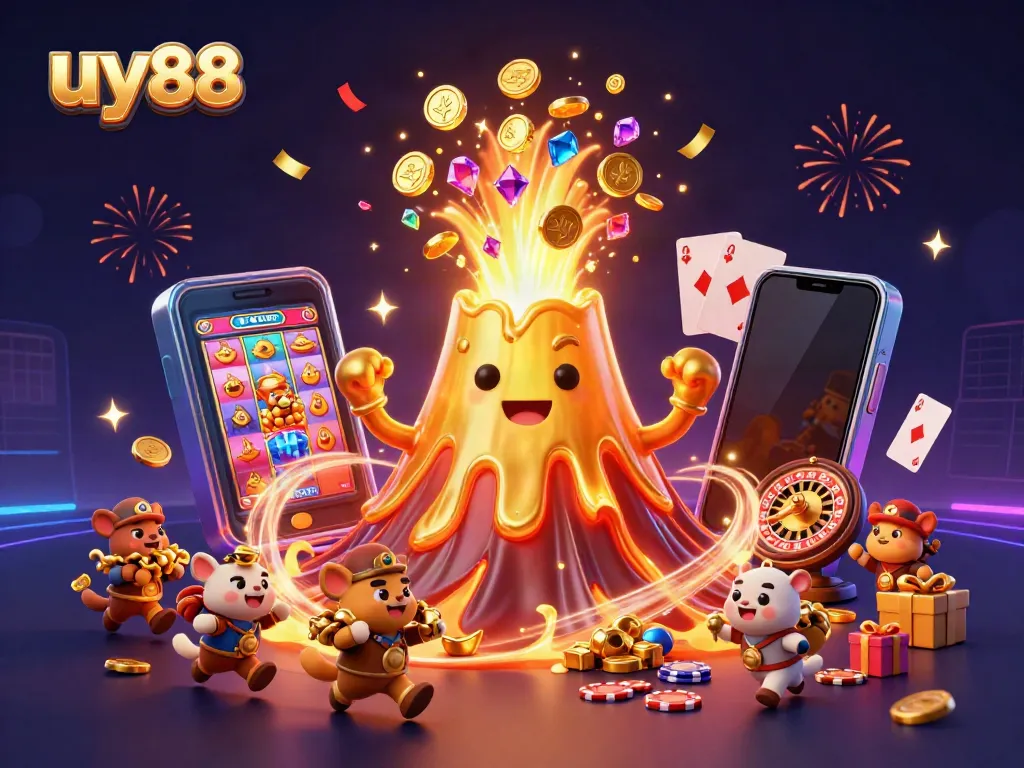 Experience excitement with uy88's thrilling gaming treasures, featuring a erupting volcano and vibrant slot games.