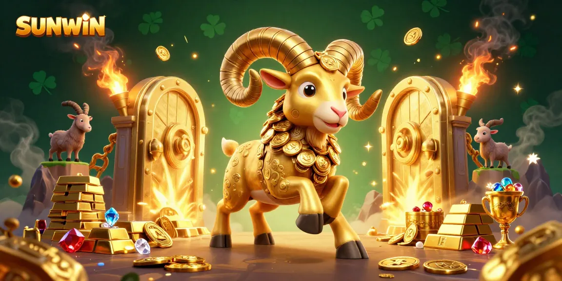 SUNWIN showcases an immersive 3D cartoon portrayal of adventure, featuring a golden ram charging towards a treasure vault.