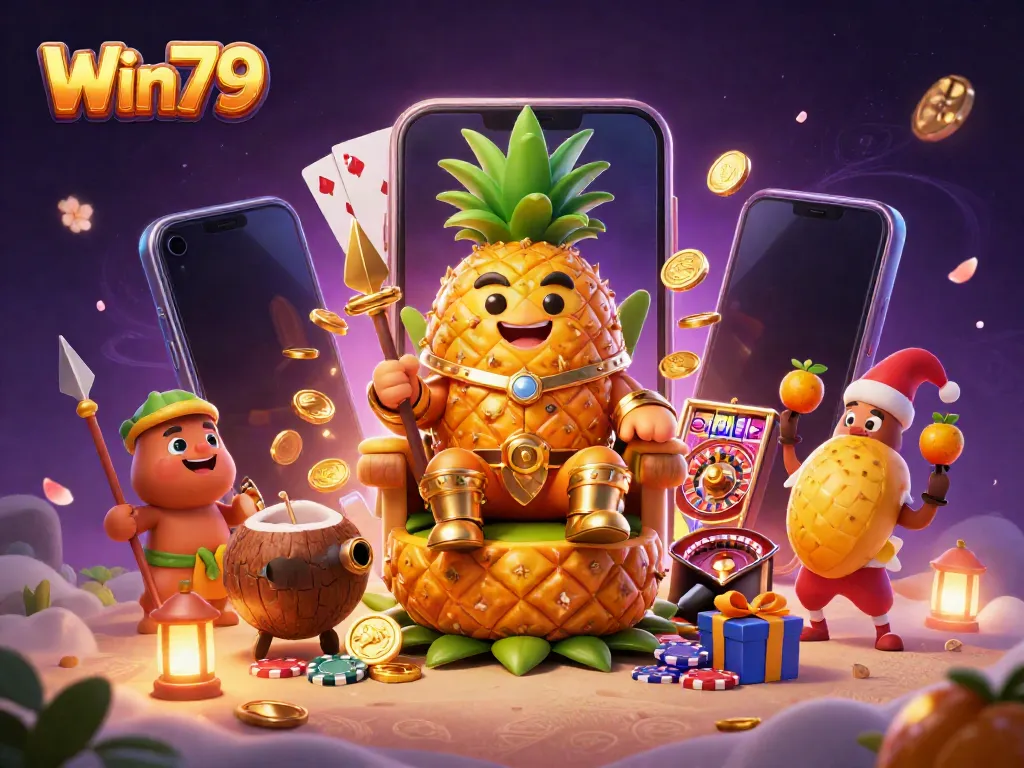 Win79 brings excitement with a golden pineapple king, jester, and vibrant casino games in this lively 3D illustration.