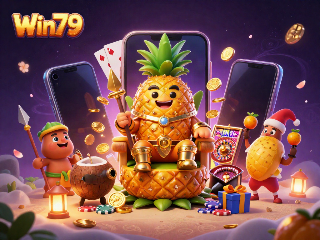 Win79 brings excitement with a golden pineapple king, jester, and vibrant casino games in this lively 3D illustration.