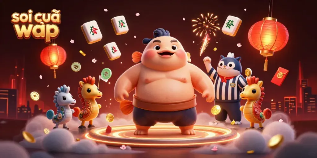 Engaging illustration portraying soi cầu wap, featuring a cartoon fugu in a sumo ring surrounded by lucky charms and gambling elements.