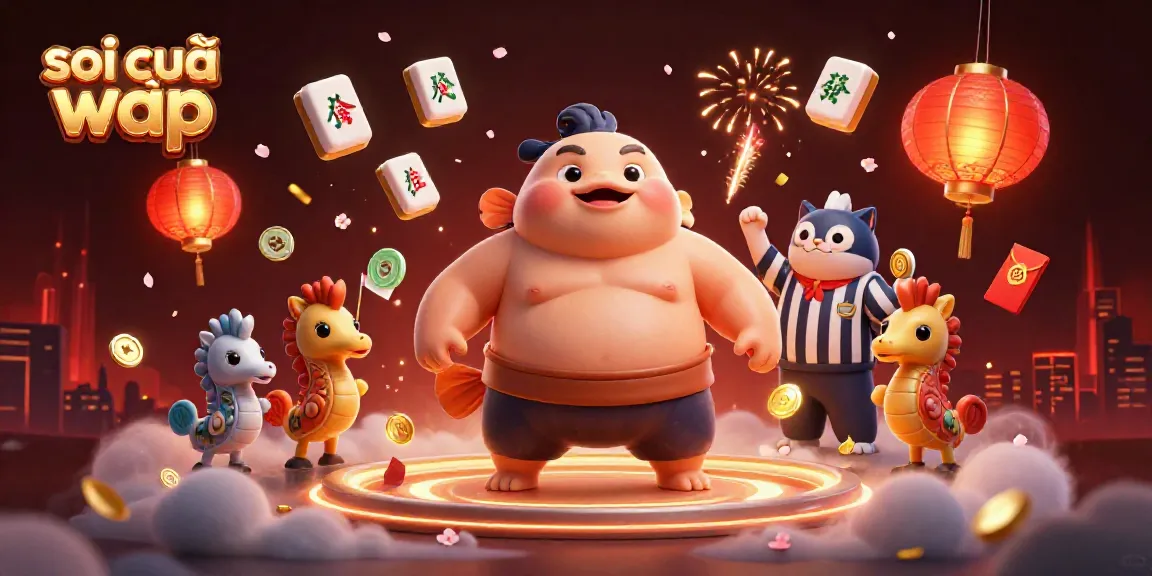 Engaging illustration portraying soi cầu wap, featuring a cartoon fugu in a sumo ring surrounded by lucky charms and gambling elements.